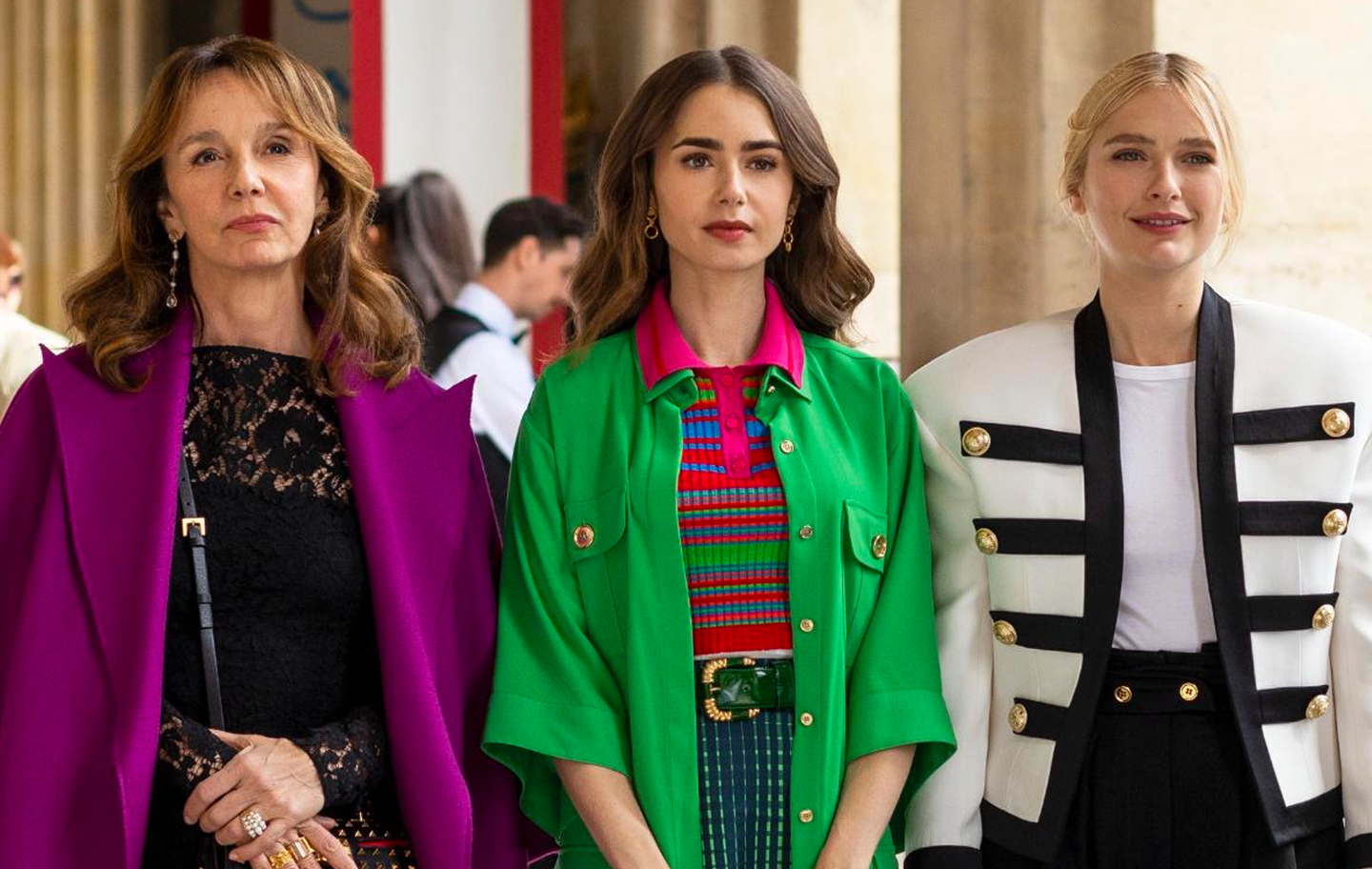 Three of Emily in Paris' stars. From left to right, Philippine Leroy-Beaulieu as Sylvie Grateau, Lily Collins as Emily Cooper and Camille Emilie Razat as Camille
