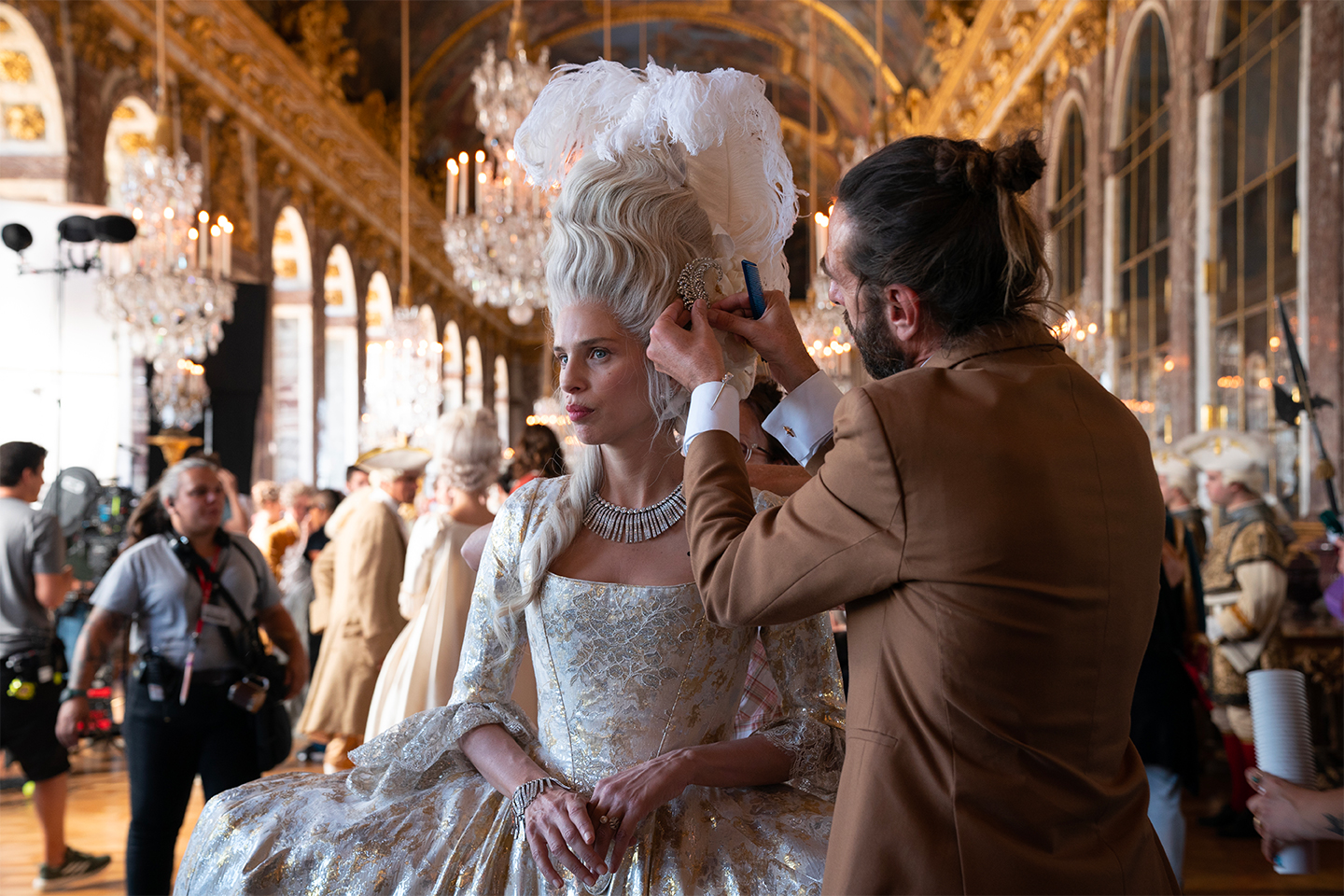 A behind-the-scenes moment of Maïwenn's latest film, Jeanne Du Barry. Photo: Stephanie Branchu. Courtesy of Chanel