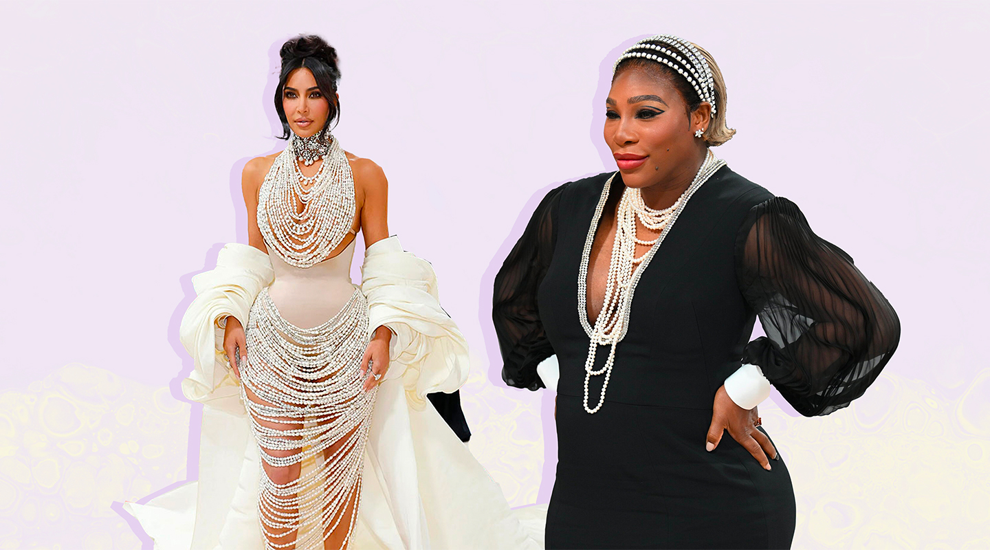 On the red carpet of the latest Met Gala, Kim Kardashian's custom-  Schiaparelli nude look, designed by Daniel Roseberry, was dripping in pearls, while Serena Williams wore a flapper Gucci look with layers of pearl necklaces