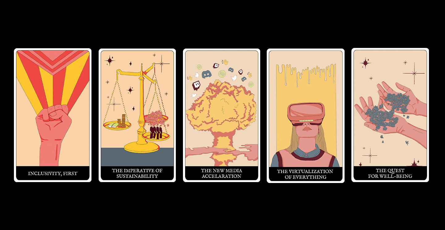 Tarot cards based on the "major arcana" macro drivers of change, created by alumna Costanza Coscia