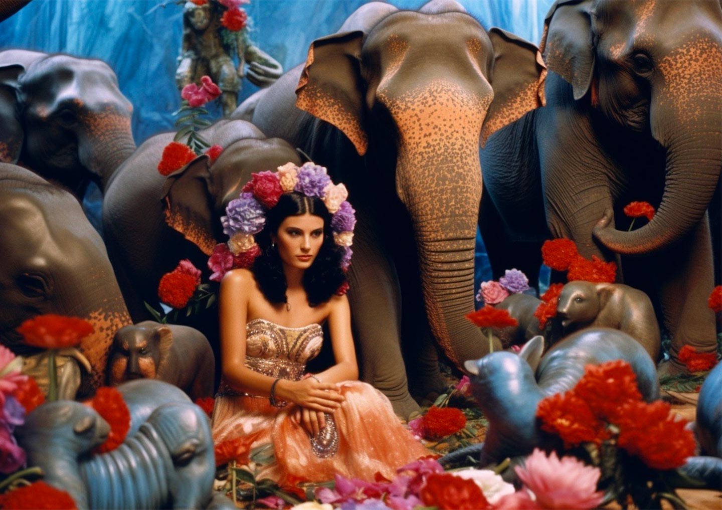 What if the iconic shot of Dovima with the Elephants had not been taken by Richard Avedon but by David LaChapelle with his hyper-real and slyly subversive style imbued with a kitschy pop surrealism? MidJourney believes this to be the outcome