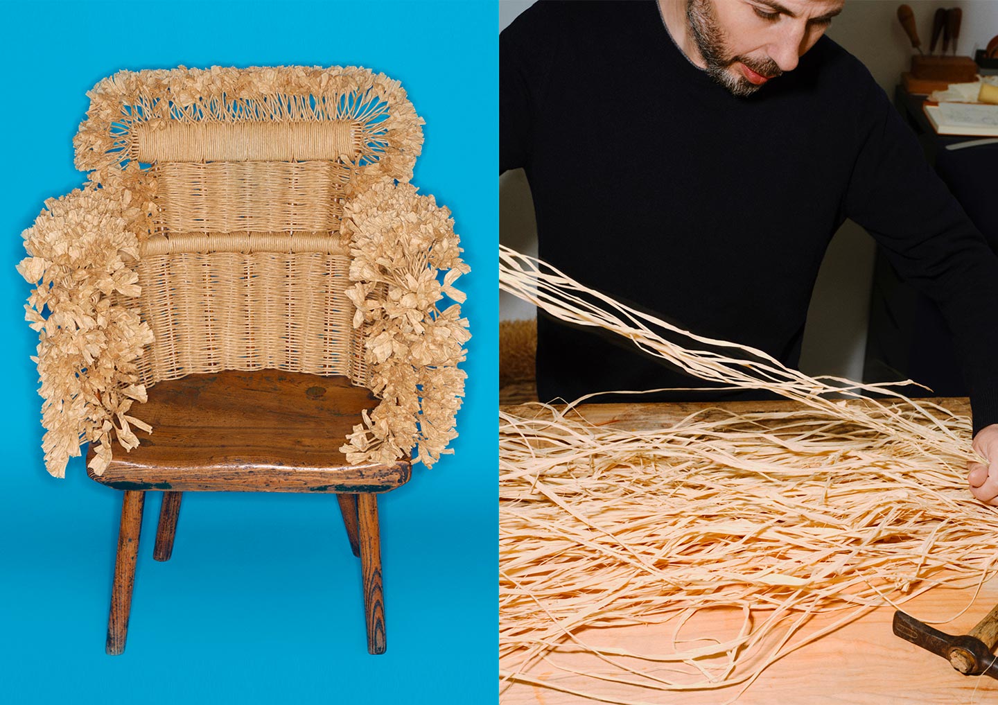 Loewe returned to the Salone del Mobile with a collection of chairs reimagined by artisans to become unique items. Chairs were embellished with natural fibres including raffia. © Loewe