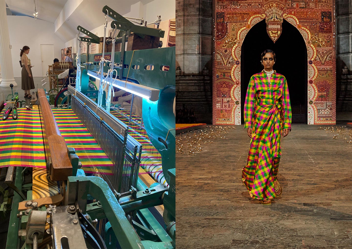 On the left, a creation by the master artisans from the Chanakya Atelier © Mevin Murden; on the right, a look from Maria Grazia Chiuri's Dior Fall 23 show held at the Gateway of India in Mumbai © Dior
