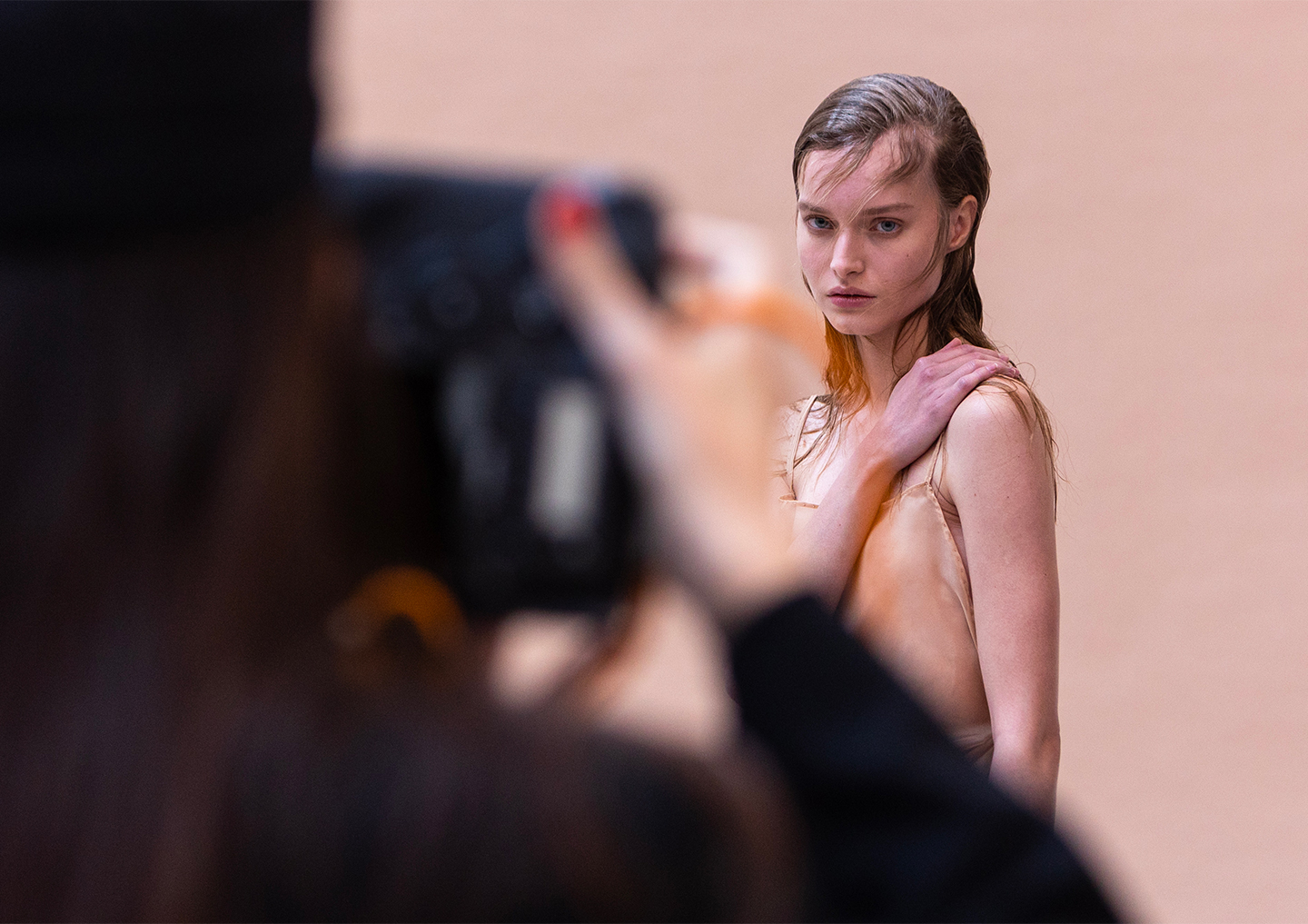 A backstage moment from the shoot by Istituto Marangoni Fashion Styling Masters student Benedetta de Martino