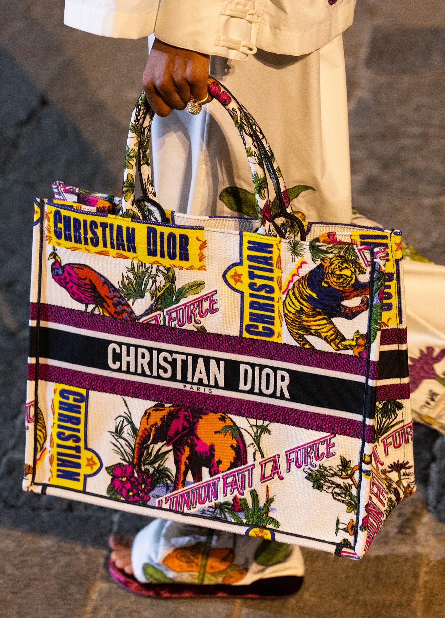 Among the decorations revealed in the Dior Fall 2023 show in Mumbai, appliqués crafted in the Chanakya atelier recreated motifs inspired by the kind of signage typically seen on Indian trucks and shopfronts, combined with symbolic animals and the phrase "L'Union Fait La Force." © Dior