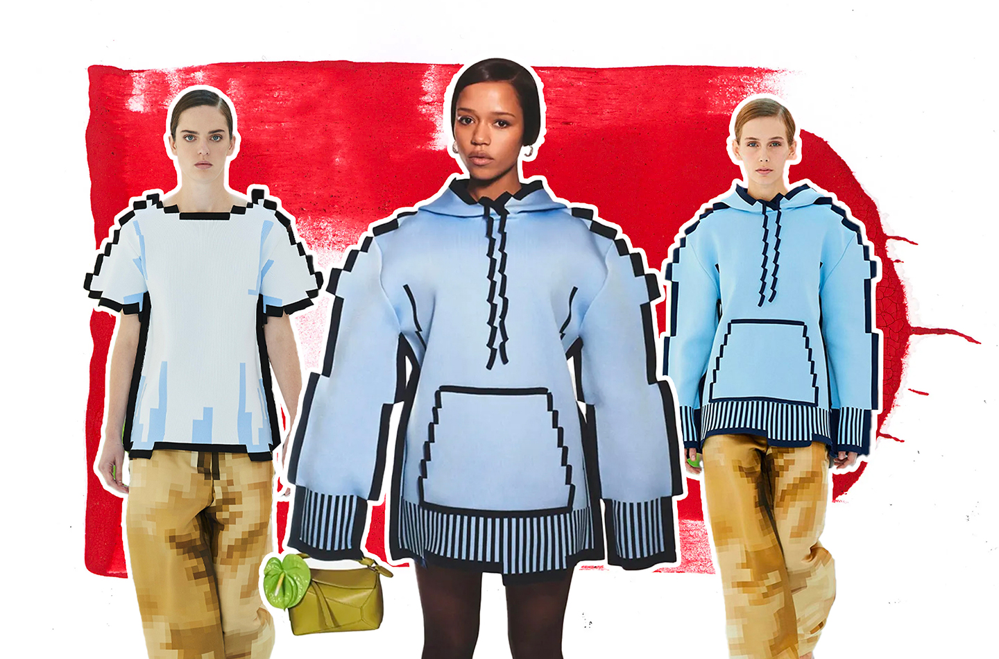 Loewe Spring-Summer 2023 womenswear collection featured pixelated clothing and accessories including pixel hoodies