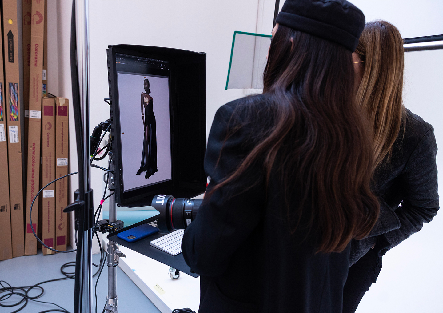 A backstage moment from the shoot by Istituto Marangoni Fashion Styling Masters student Natalia Campos Valencia