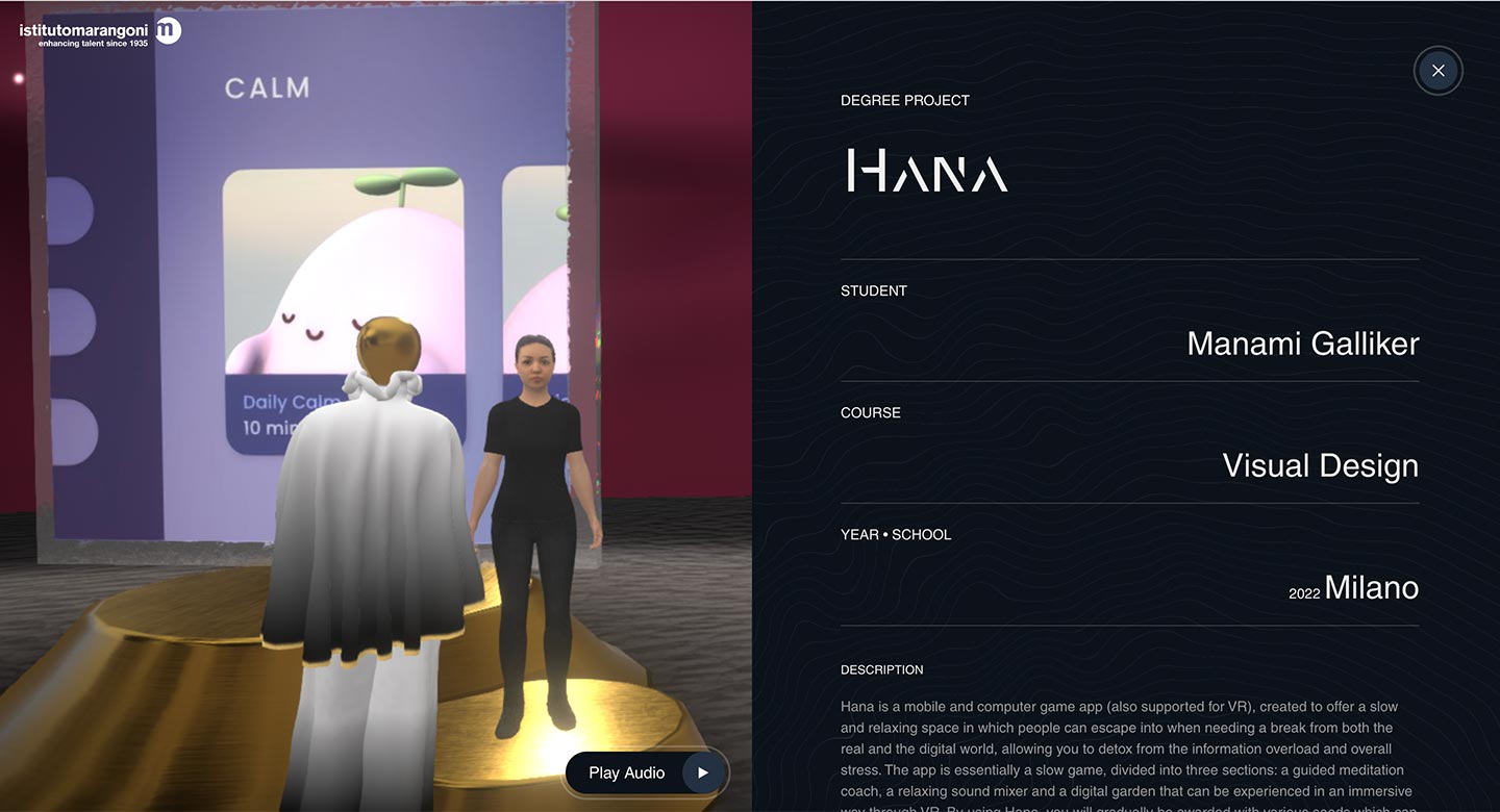 In Istituto Marangoni's The Talent District, Manami Galliker’s avatar will share with you her project, Hana