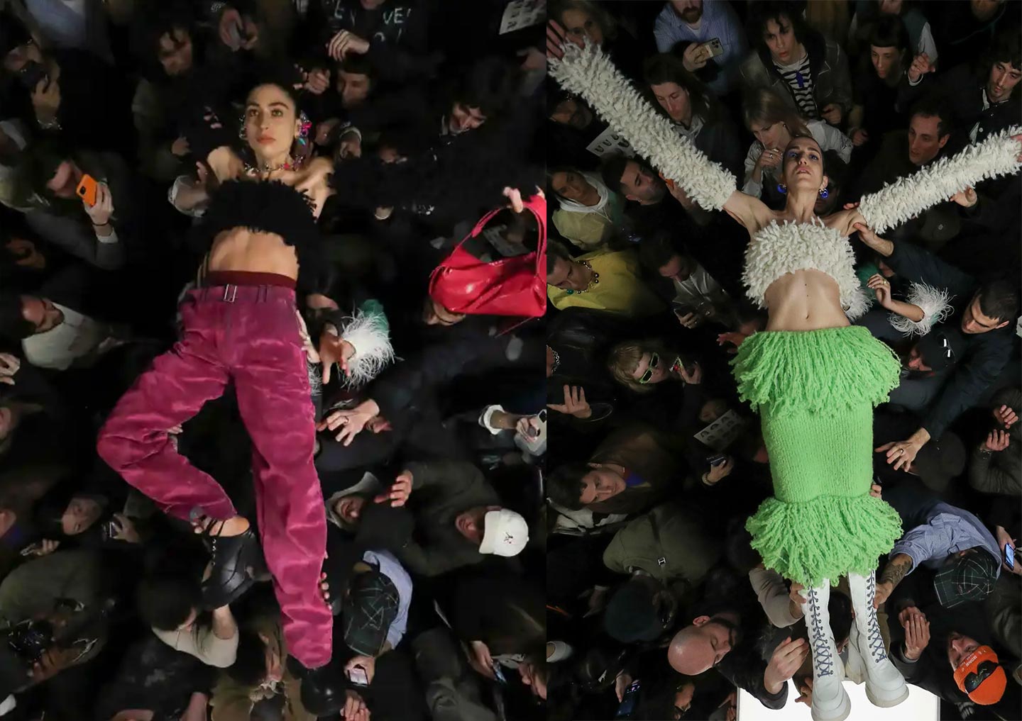 For Sunnei's FW23 collection, Simone Rizzo and Loris Messina asked models to crowd surf in the crowd of guests
