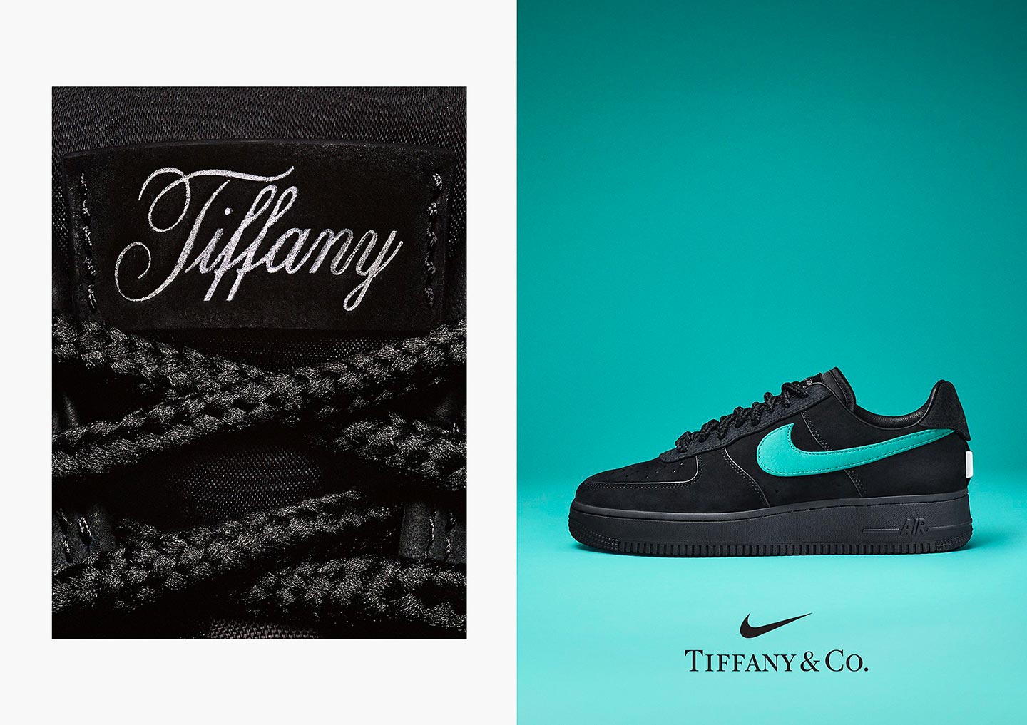 The Nike/Tiffany Air Force 1 1837 is crafted in black suede with a Tiffany blue Swoosh and archival Tiffany logo on the tongue