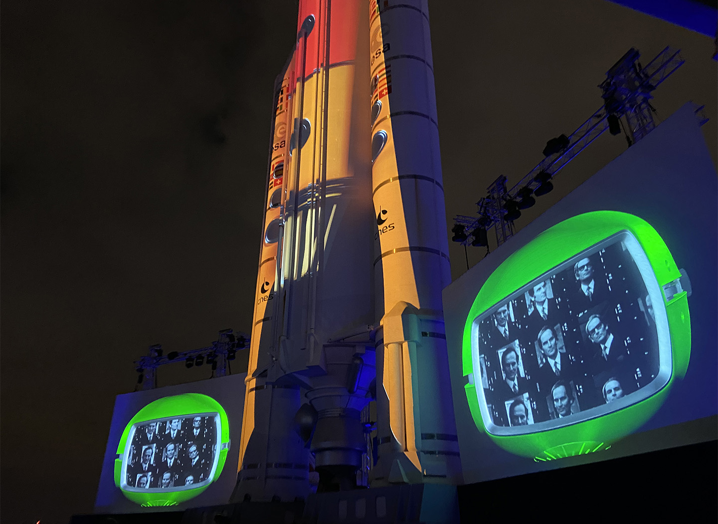 The house of Pierre Cardin marked the first anniversary of its founder's passing with a fashion show in front of an Ariane 5 rocket