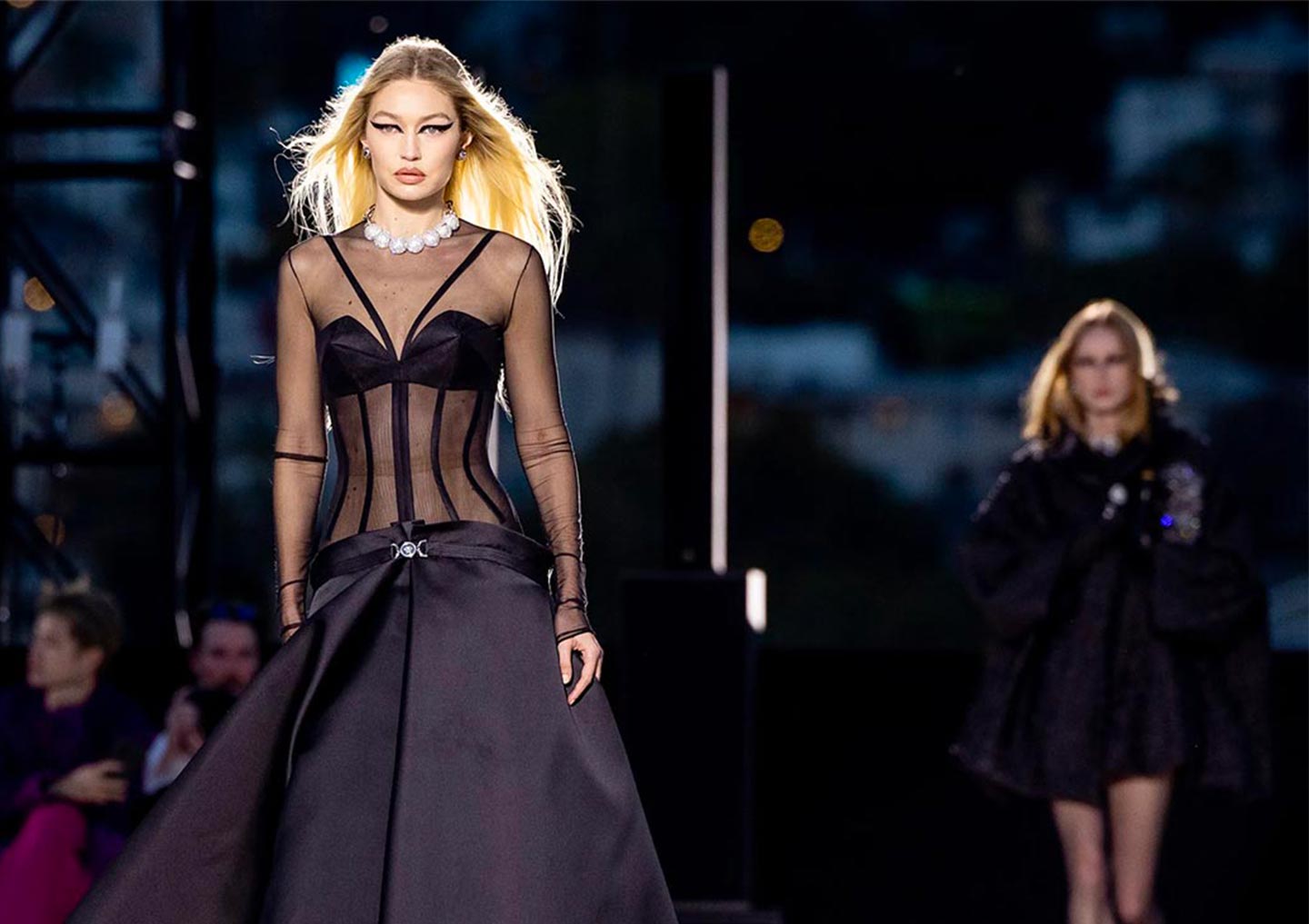 Supermodel Gigi Hadid walking the catwalk at the Versace FW23 show in Los Angeles