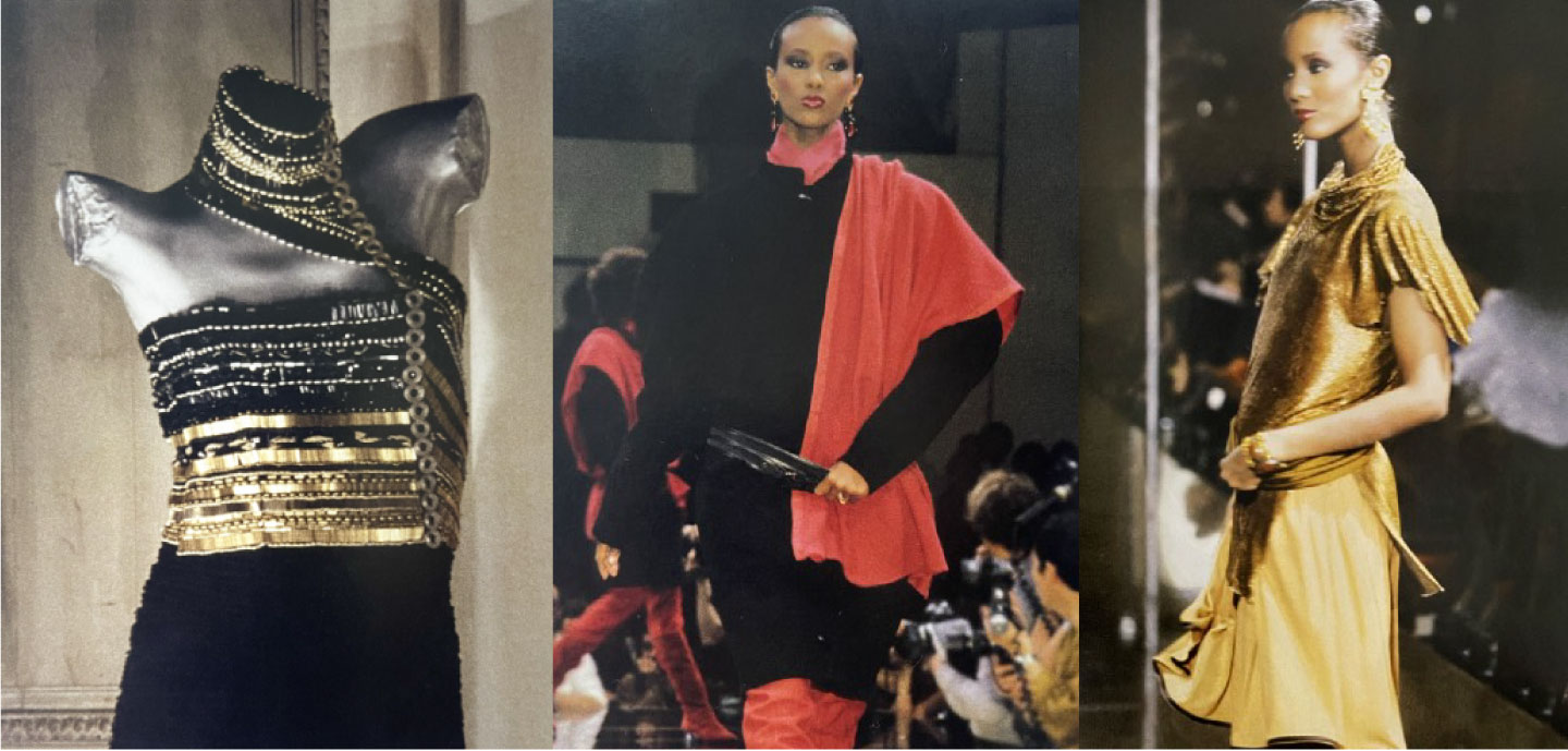 From left to right: Atelier Versace Autumn-Winter 1989/1990 dress; Versace Autumn-Winter 1981/1982 runway; Supermodel Iman hitting the Autumn-Winter 1982/1983 catwalk