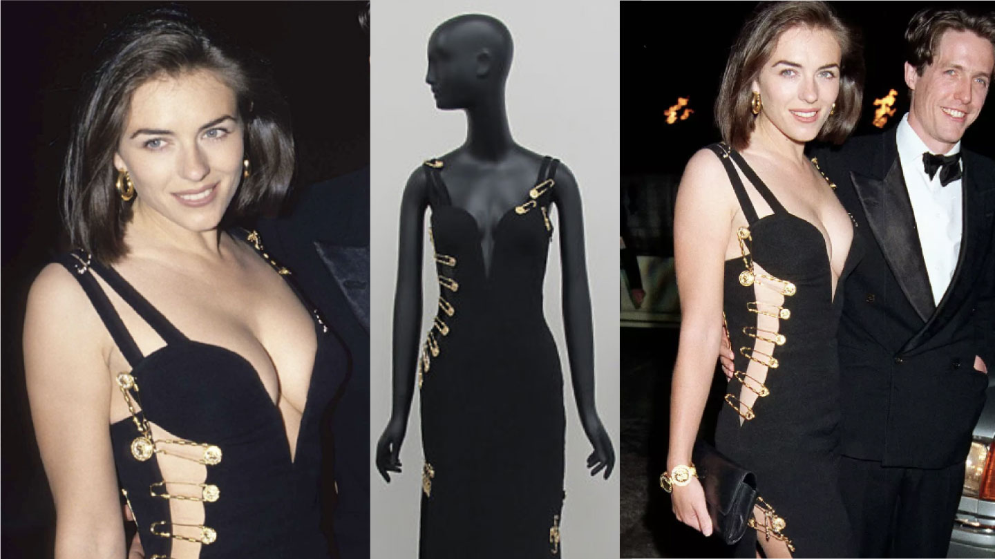 From left to right: Elizabeth Hurley; Versace spring-summer 1994 dress (2016 edition); Elizabeth Hurley 