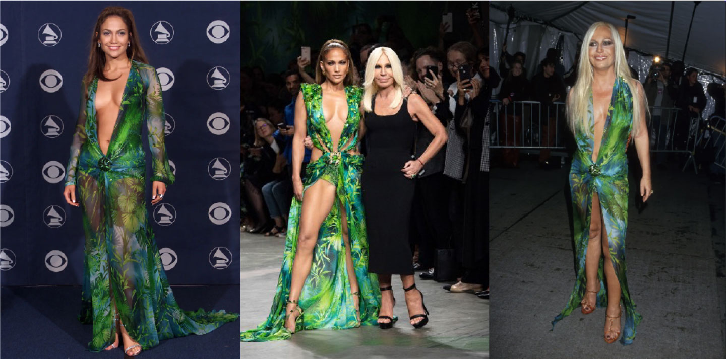 The iconic Versace Jungle dress worn by Jennifer Lopez (left) and Donatella Versace (right)
