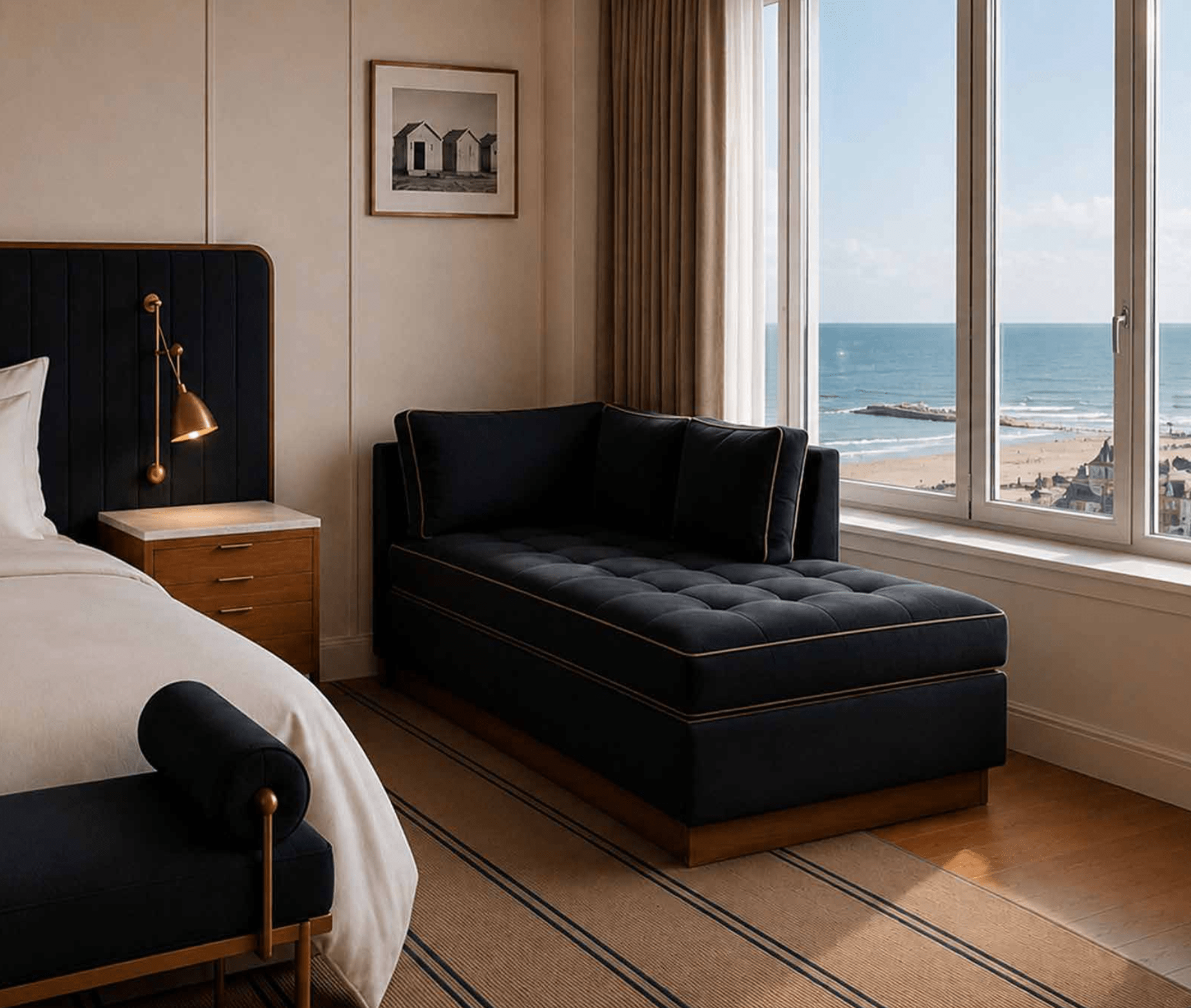 Illuminated Memory, a contemporary hotel interior design concept for Cures Marines Hotel & Spa in Trouville-sur-Mer, Normandy, is designed by emerging designers Christina Kontopoulou, Agostina Dalle Palle and Nicholas Kambanis. The project reinterprets the hotel’s Belle Époque heritage through quiet luxury, natural materials, atmospheric lighting and contemporary wellness design.