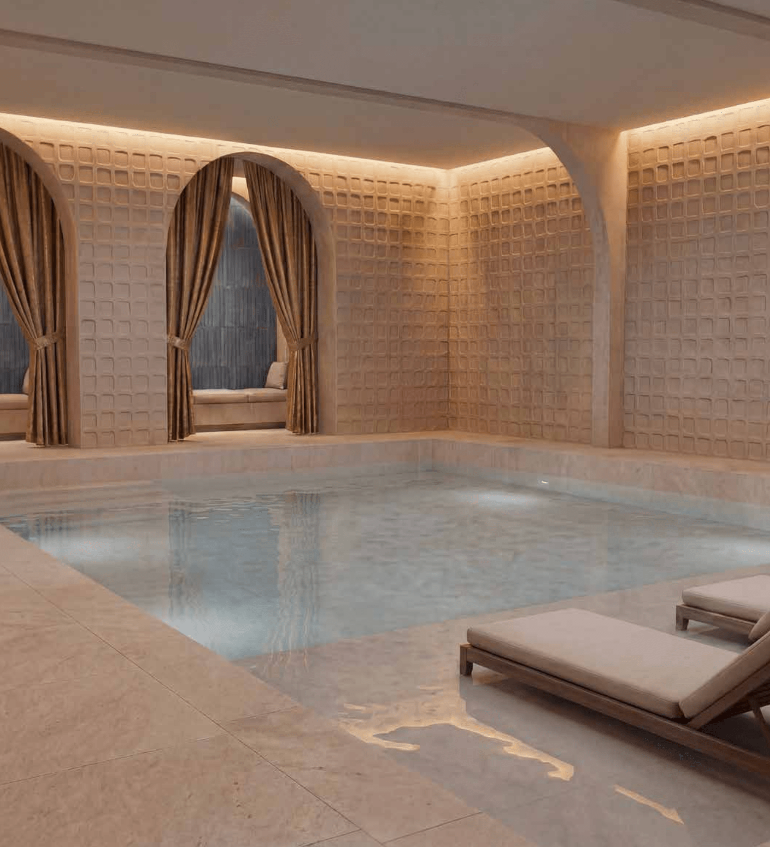 Illuminated Memory, a contemporary hotel interior design concept for Cures Marines Hotel & Spa in Trouville-sur-Mer, Normandy, is designed by emerging designers Christina Kontopoulou, Agostina Dalle Palle and Nicholas Kambanis. The project reinterprets the hotel’s Belle Époque heritage through quiet luxury, natural materials, atmospheric lighting and contemporary wellness design.